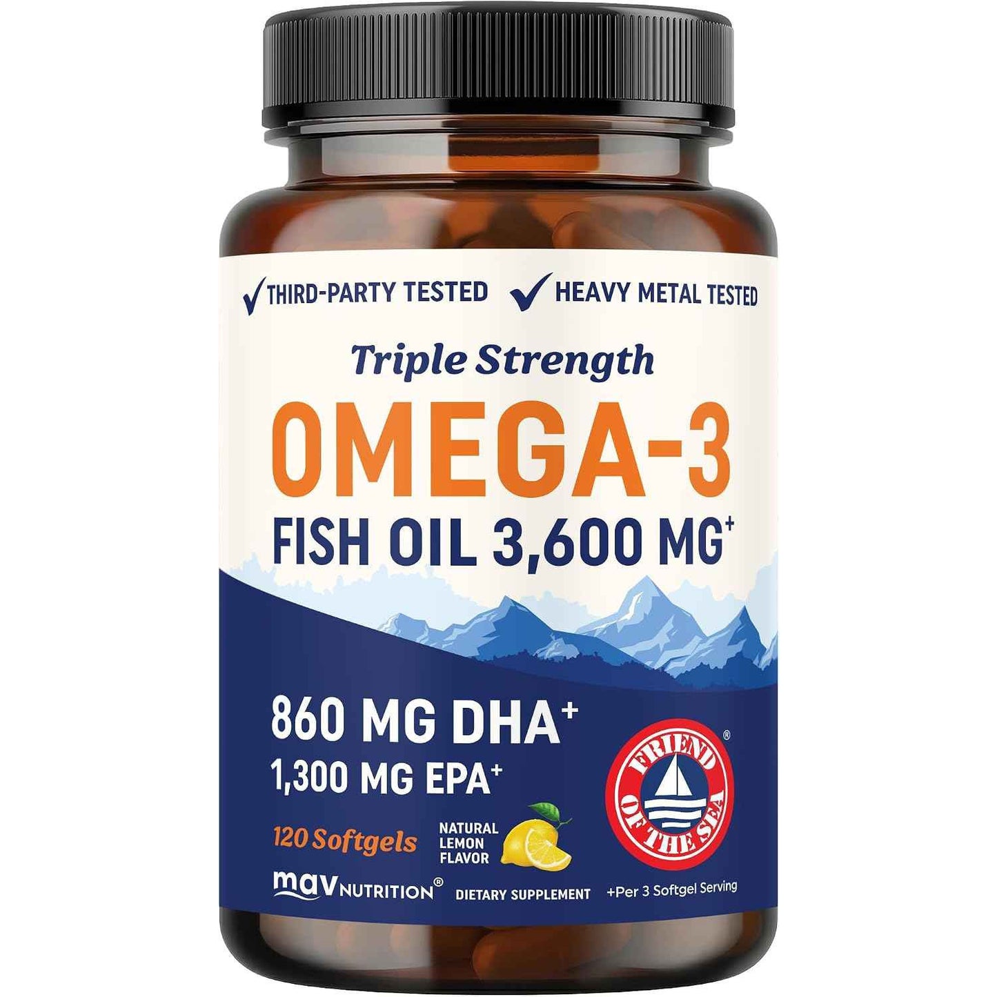 MAV Nutrition Triple Strength DHA Omega-3 Fish Oil Supplement 3600mg Burpless