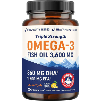 MAV Nutrition Triple Strength DHA Omega-3 Fish Oil Supplement 3600mg Burpless