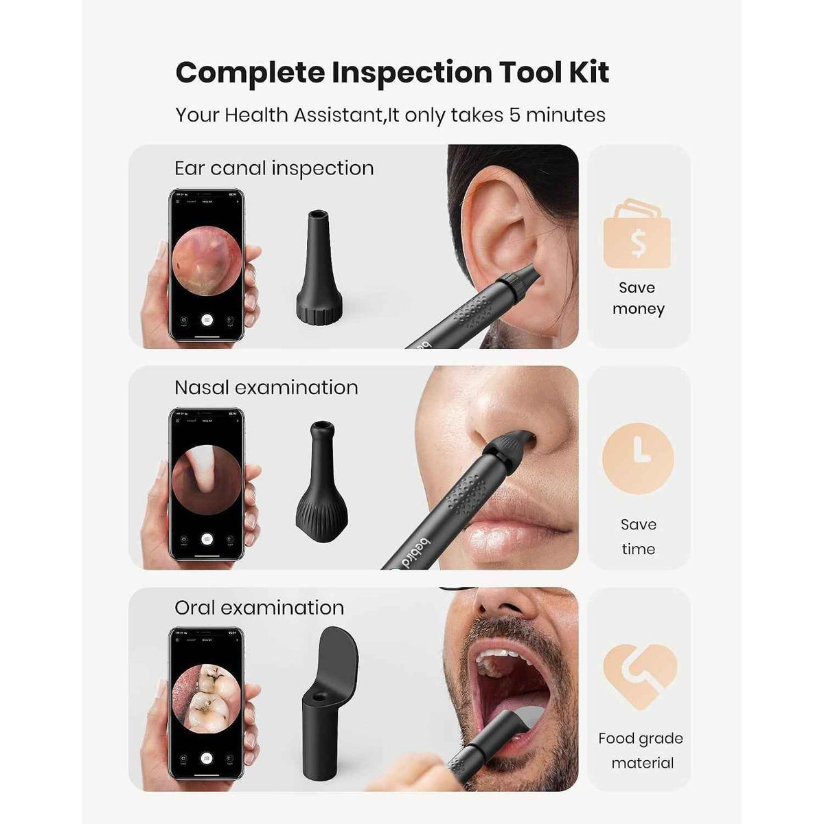 BEBIRD R1 ear wax removal kit with HD camera showing the tool and camera tip for safe ear cleaning.
