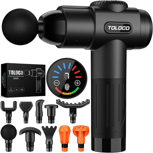 TOLOCO Massage Gun Deep Tissue Percussion Massager 10 Heads Silent Brushless Motor Black
