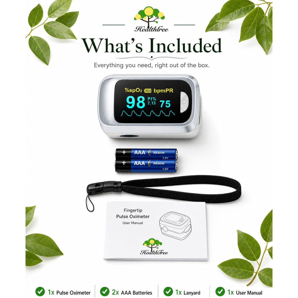 Healthtree JKS50B Fingertip Pulse Oximeter Blood Oxygen Saturation Monitor Heart Rate Fast SpO2 Reading OLED Screen with Lanyard and Batteries