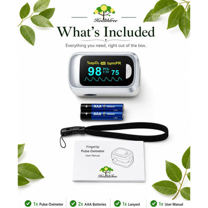 Healthtree JKS50B Fingertip Pulse Oximeter Blood Oxygen Saturation Monitor Heart Rate Fast SpO2 Reading OLED Screen with Lanyard and Batteries
