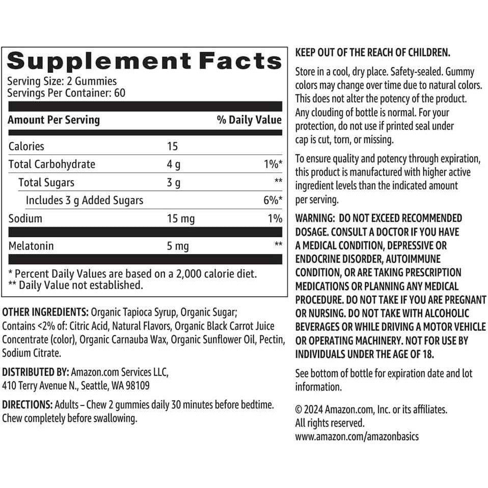 Amazon Basics Melatonin Sleep Support Gummies Strawberry 5mg 120 Count