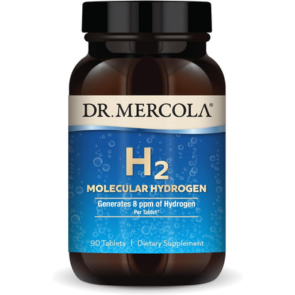Dr. Mercola H2 Molecular Hydrogen magnesium tablets, 8 ppm, 90 servings, supplement bottle with tablets in blister pack