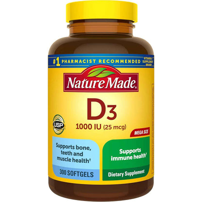 Nature Made Vitamin D3 1000 IU Supplement, 300 Softgels