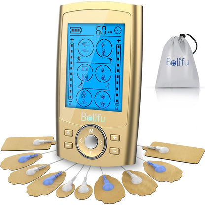 Belifu Dual Channel TENS EMS Unit 24 Modes Muscle Stimulator Pain Relief Therapy 10 Pads Storage Bag