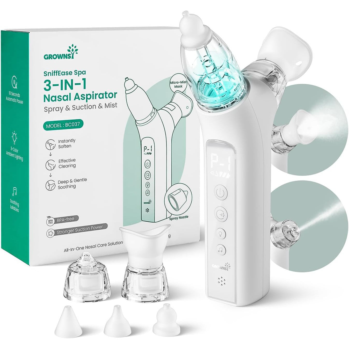 GROWNSY SniffEase 3-in-1 Baby Nasal Aspirator Spray Suction Mist Hospital-Grade Nose Suction Soothing Light Music Large Chamber Easy Clean Grey