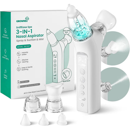 GROWNSY SniffEase 3-in-1 Baby Nasal Aspirator Spray Suction Mist Hospital-Grade Nose Suction Soothing Light Music Large Chamber Easy Clean Grey