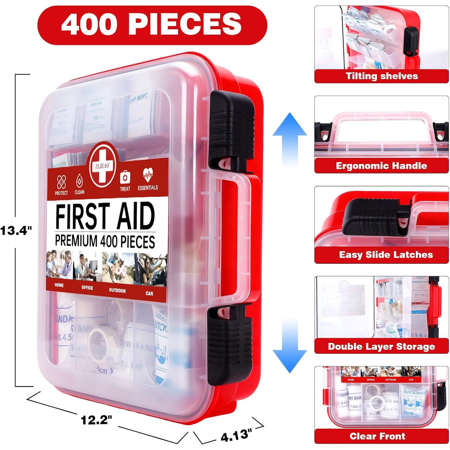 TLIEAO 400 Pieces All-Purpose First Aid Kit Organized Dual-Layer Wall 100-Person Professional Medical Kit for Home Car Camping Travel Office Outdoor Business Sports