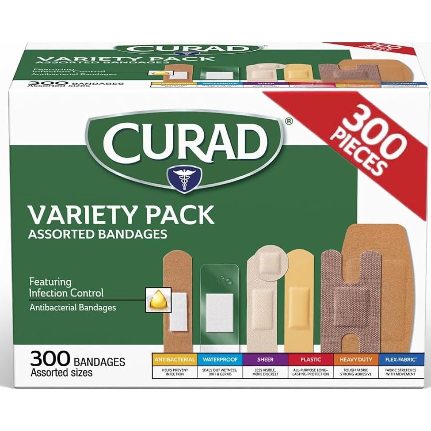 CURAD Assorted Bandages Variety Pack 300 Count 6 Styles Antibacterial Waterproof Sheer Plastic Heavy Duty Flex-Fabric Latex-Free