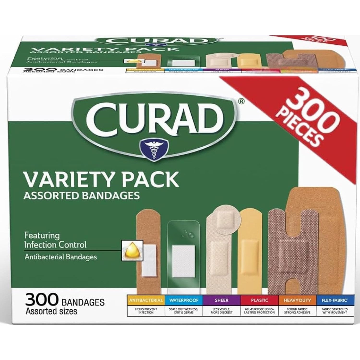 CURAD Assorted Bandages Variety Pack 300 Count 6 Styles Antibacterial Waterproof Sheer Plastic Heavy Duty Flex-Fabric Latex-Free