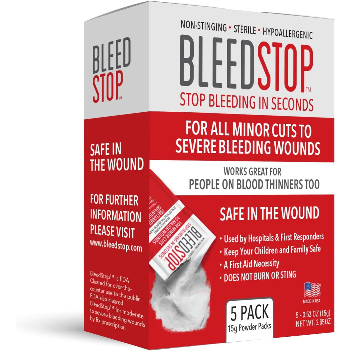 BleedStop First Aid Powder for Blood Clotting Trauma Kit 4 Pouches