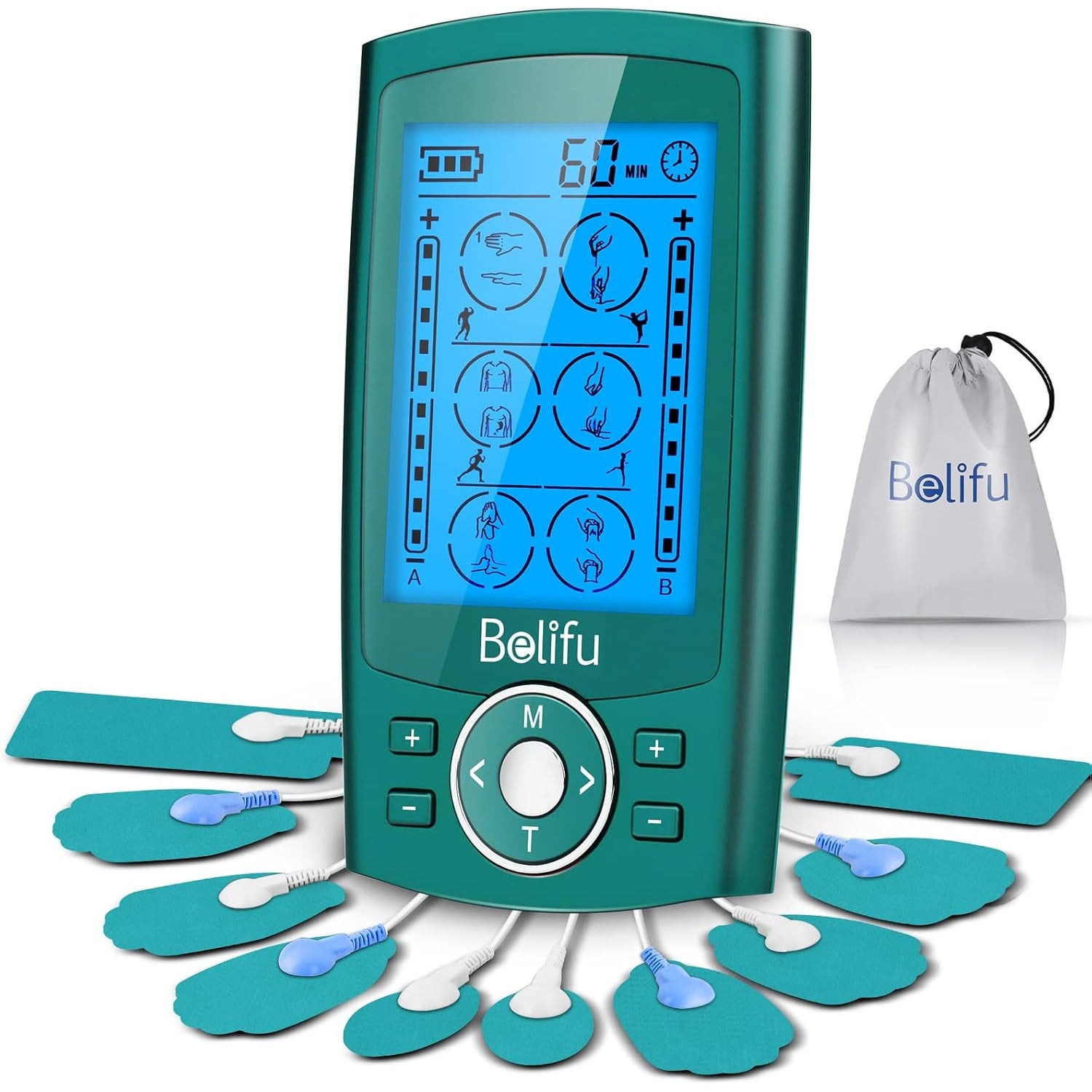 Belifu Dual Channel TENS EMS Unit 24 Modes Muscle Stimulator Pain Relief Therapy 10 Pads Storage Bag