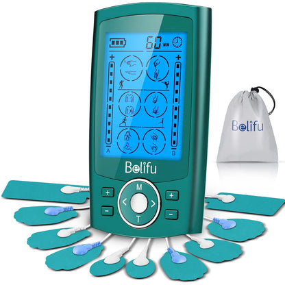 Belifu Dual Channel TENS EMS Unit 24 Modes Muscle Stimulator Pain Relief Therapy 10 Pads Storage Bag