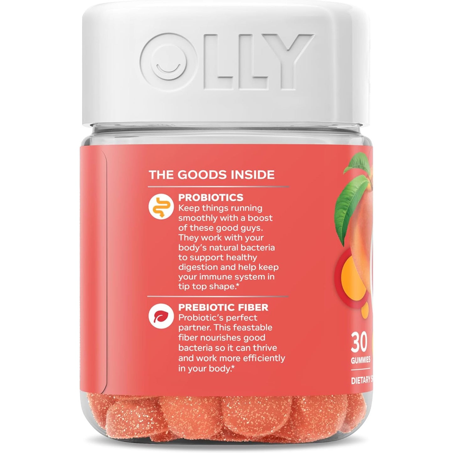 Olly Probiotic + Prebiotic Gummy Supplement Peach 500 Million CFUs 30 Count