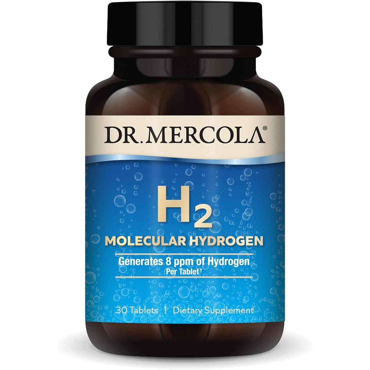 Dr. Mercola H2 Molecular Hydrogen supplement tablets in a container, 30 count, showing magnesium-based supplement packaging.