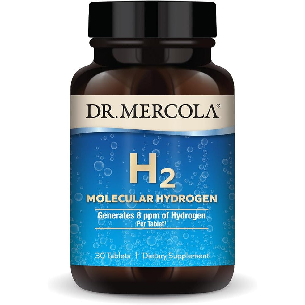 Dr. Mercola H2 Molecular Hydrogen supplement tablets, magnesium-based, 30 count, shown in a white bottle with label.