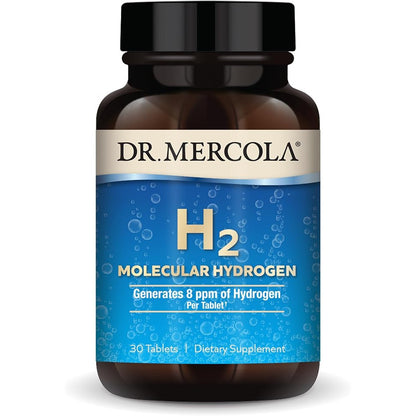 Dr. Mercola H2 Molecular Hydrogen supplement tablets, magnesium-based, 30 count, shown in a white bottle with label.
