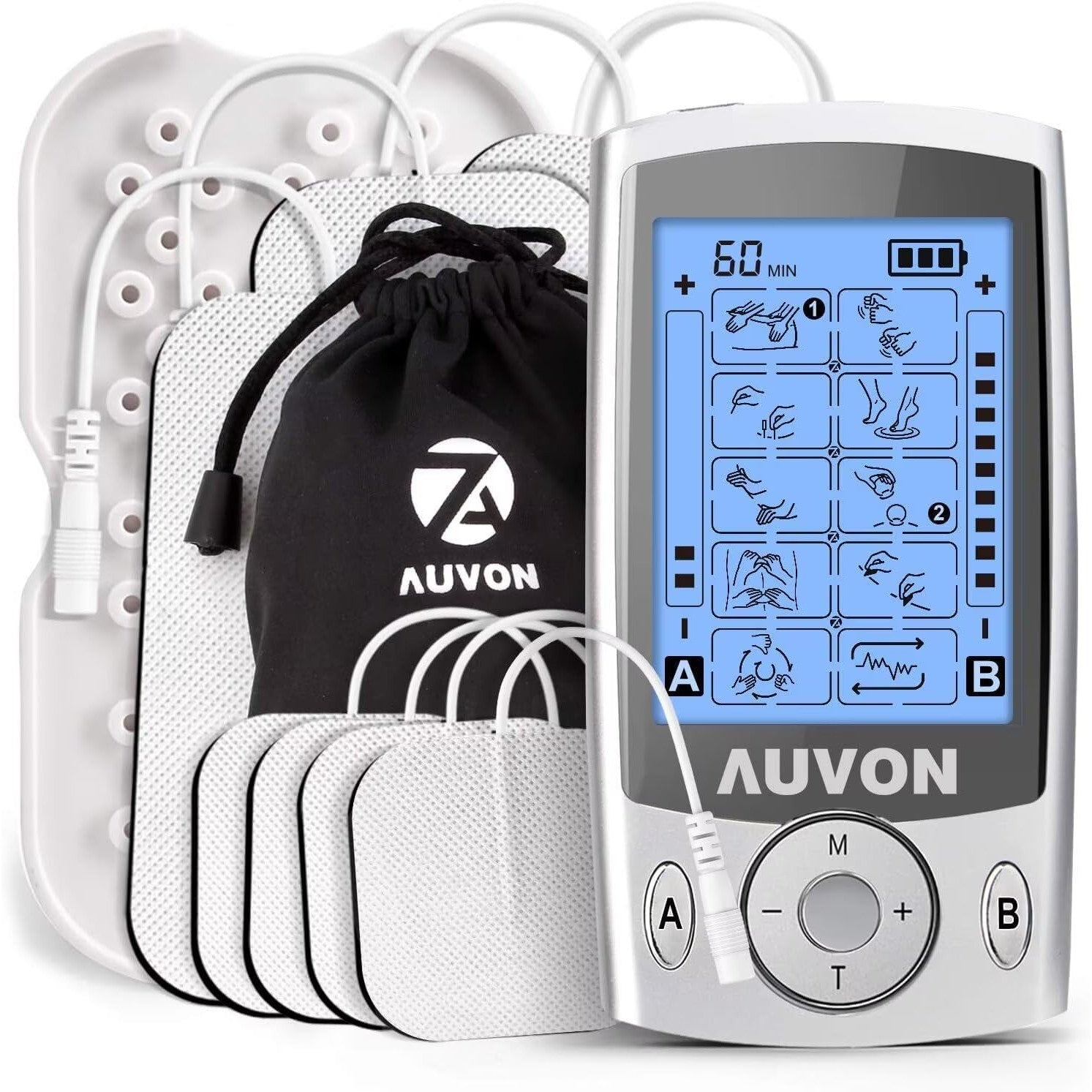 AUVON Dual Channel TENS Unit Muscle Stimulator Machine 20 Modes 2" and 2"x4" Electrode Pads