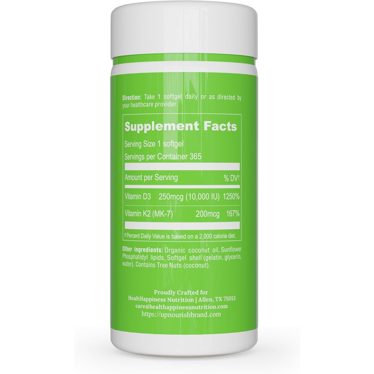 UpNourish Liposomal D3 K2 Vitamin softgels in a bottle, showing easy-to-swallow mini softgel capsules for vitamin D and K2 supplementation.