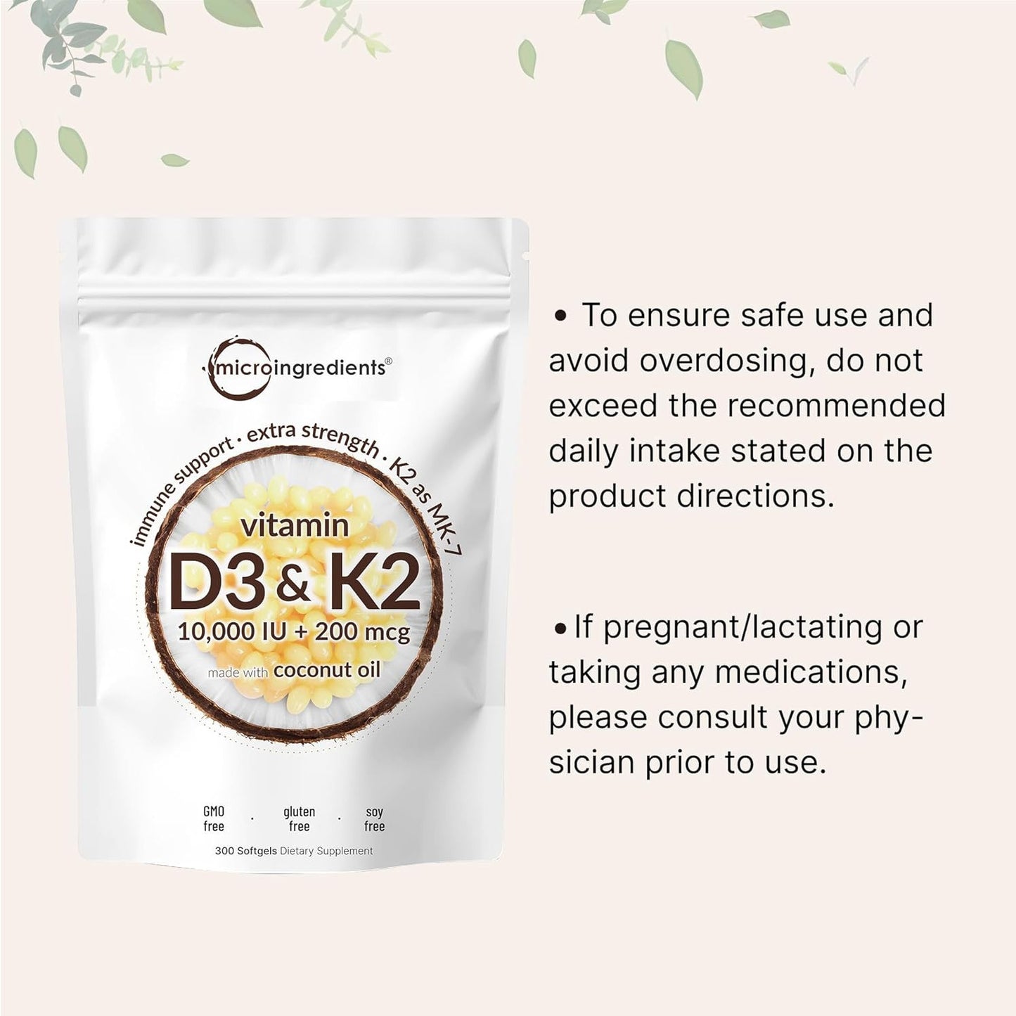 Micro Ingredients Vitamin D3 10,000 IU K2 MK-7 200 mcg Softgel Supplement 300 Count
