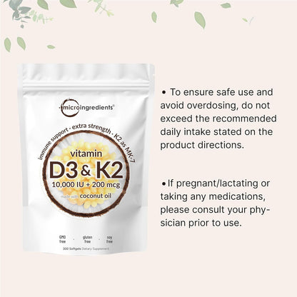 Micro Ingredients Vitamin D3 10,000 IU K2 MK-7 200 mcg Softgel Supplement 300 Count