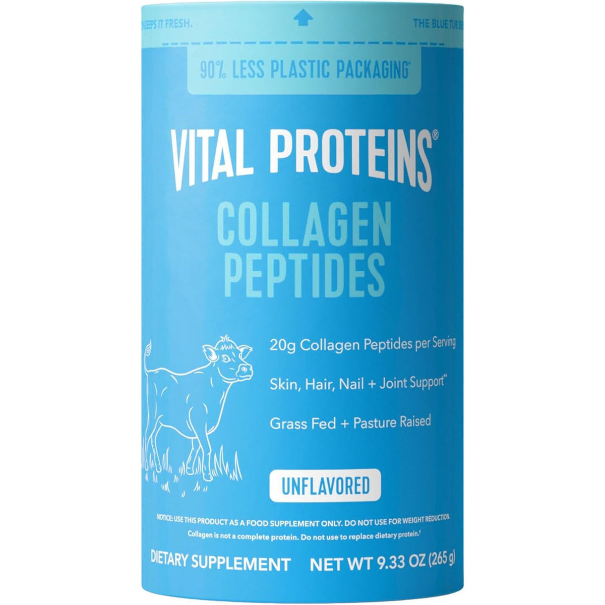 Vital Proteins Collagen Peptides powder in a clear jar with a scoop, showcasing the dietary supplement for skin and joint health.