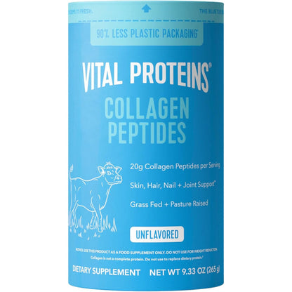 Vital Proteins Collagen Peptides powder in a clear jar with a scoop, showcasing the dietary supplement for skin and joint health.