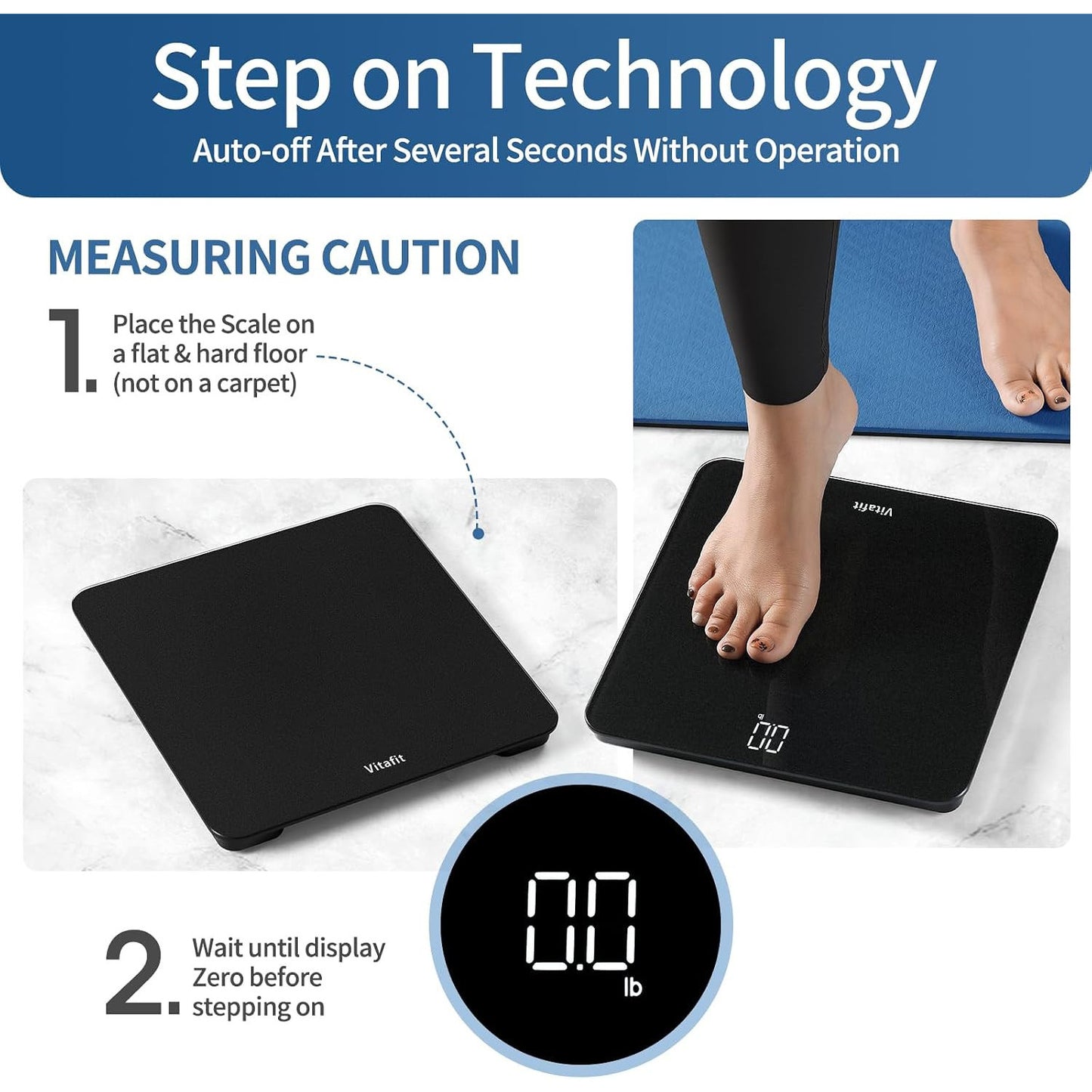 Vitafit Digital Bathroom Scale 400 lb Capacity 0.1 lb Accuracy Step-On LED Display Spray Silver Black