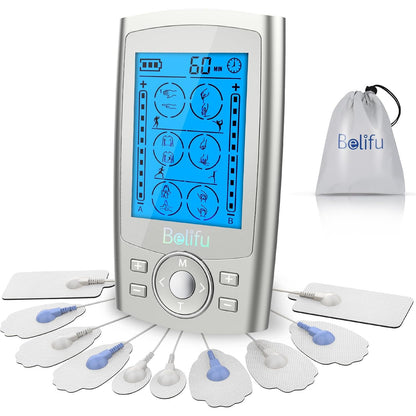 Belifu Dual Channel TENS EMS Unit 24 Modes Muscle Stimulator Pain Relief Therapy 10 Pads Storage Bag