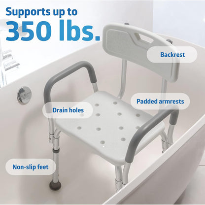 Medline Shower Chair with Backrest Padded Armrests 350 lb Capacity Bath Bench Seat Stool