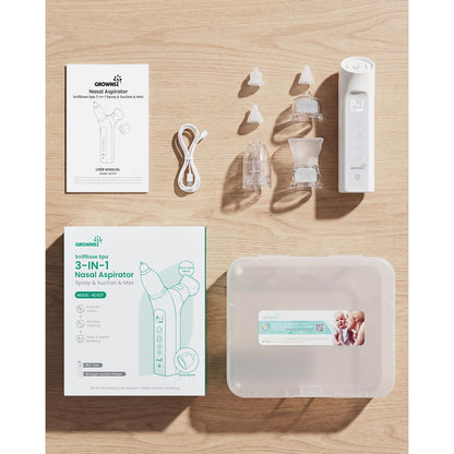 GROWNSY SniffEase 3-in-1 Baby Nasal Aspirator Spray Suction Mist Hospital-Grade Nose Suction Soothing Light Music Large Chamber Easy Clean Grey