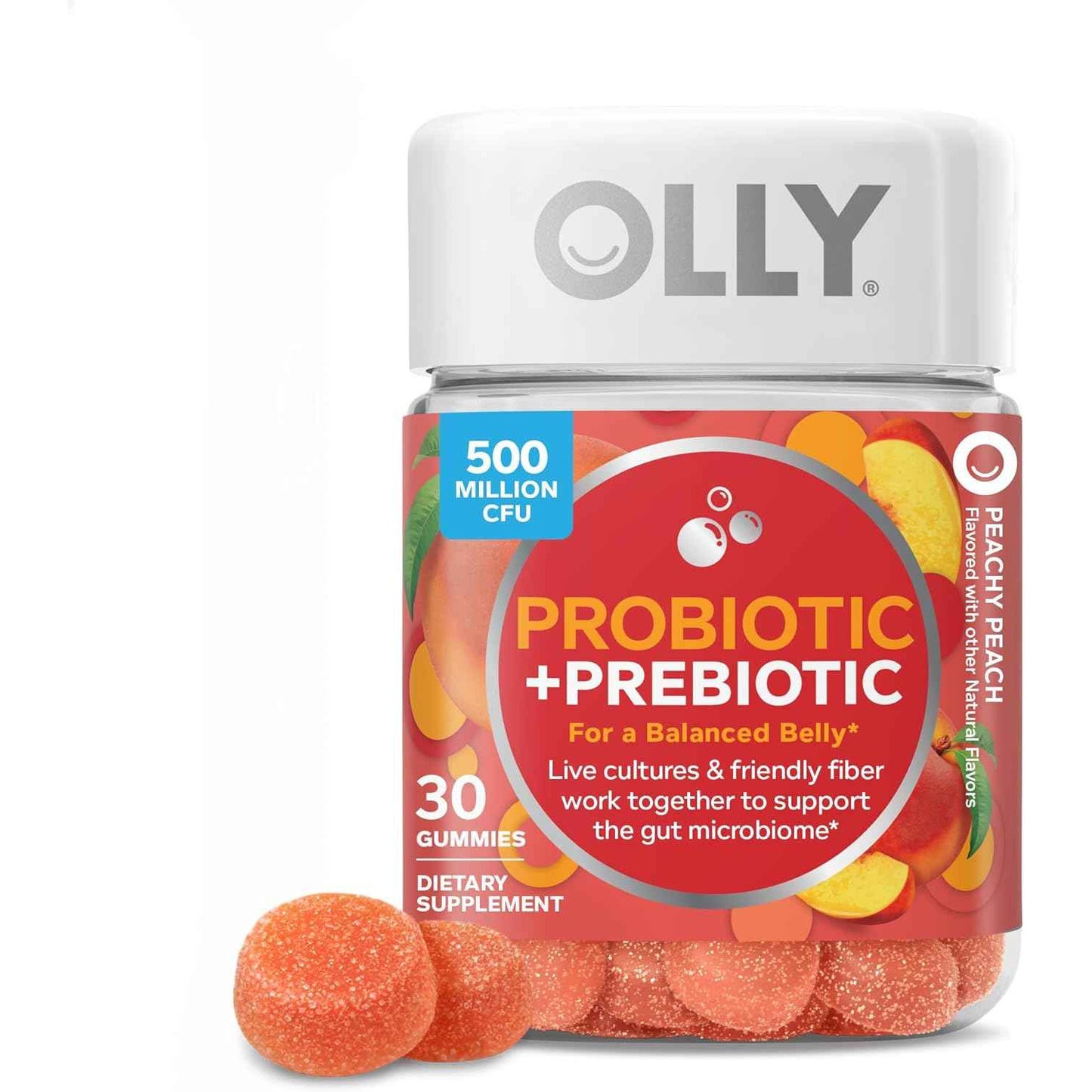 Olly Probiotic + Prebiotic Gummy Supplement Peach 500 Million CFUs 30 Count