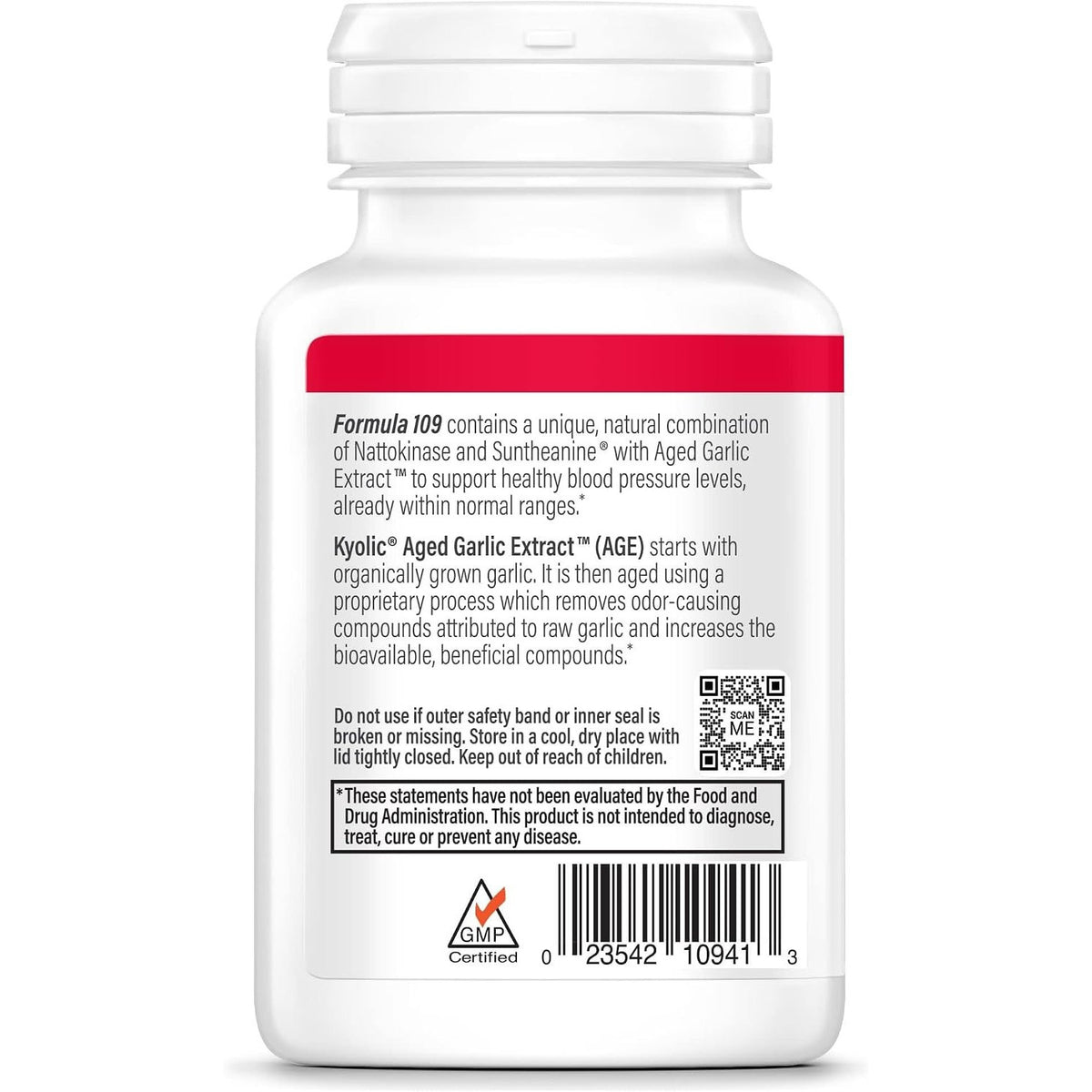 Kyolic Formula 109 aged garlic extract capsules in a bottle, herbal supplement by Kyolic, with 80 capsules visible.