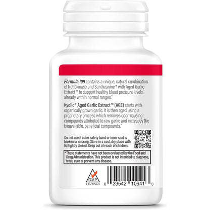 Kyolic Formula 109 aged garlic extract capsules in a bottle, herbal supplement by Kyolic, with 80 capsules visible.