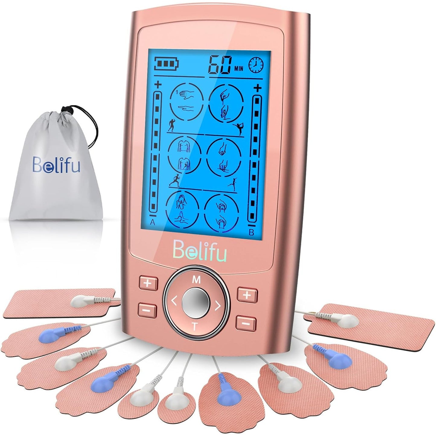 Belifu Dual Channel TENS EMS Unit 24 Modes Muscle Stimulator Pain Relief Therapy 10 Pads Storage Bag