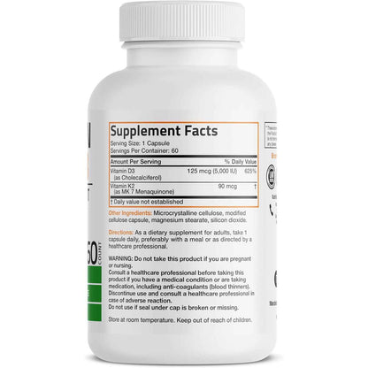 Bronson Vitamin K2 D3 (MK7) Supplement 5000IU 90mcg Capsules