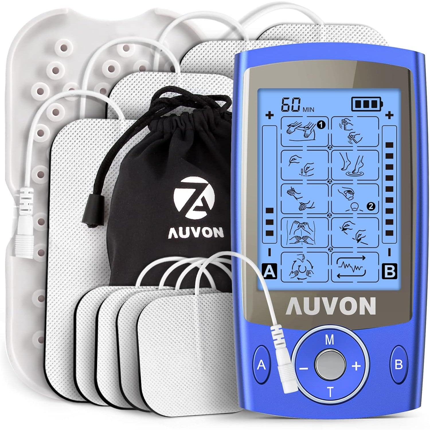 AUVON Dual Channel TENS Unit Muscle Stimulator Machine 20 Modes 2" and 2"x4" Electrode Pads