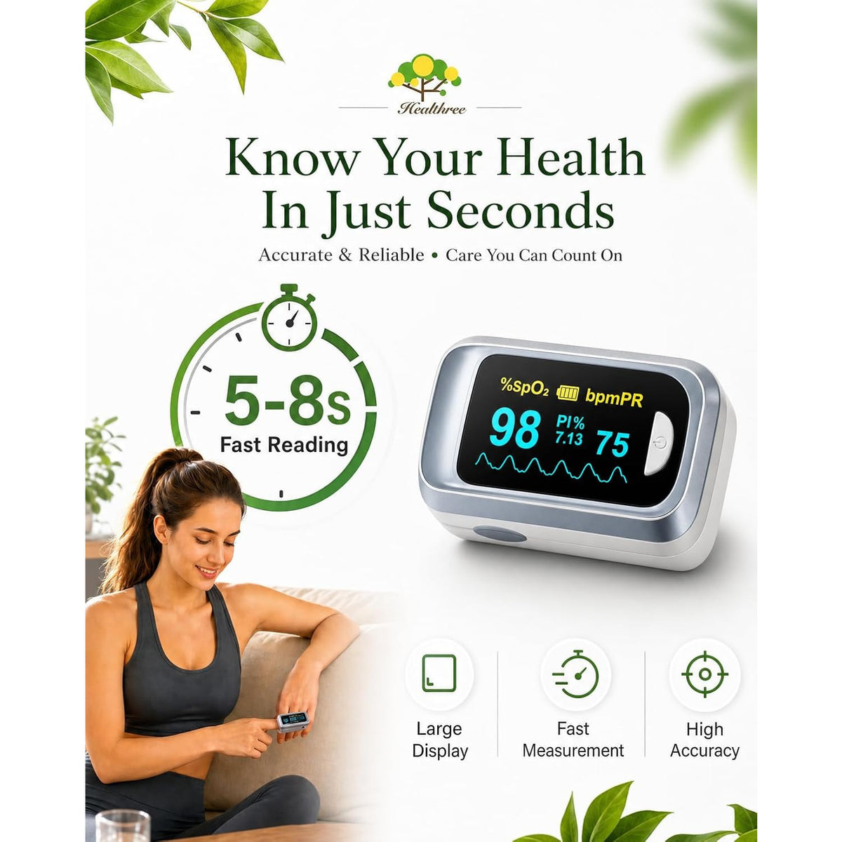 Healthtree JKS50B Fingertip Pulse Oximeter Blood Oxygen Saturation Monitor Heart Rate Fast SpO2 Reading OLED Screen with Lanyard and Batteries