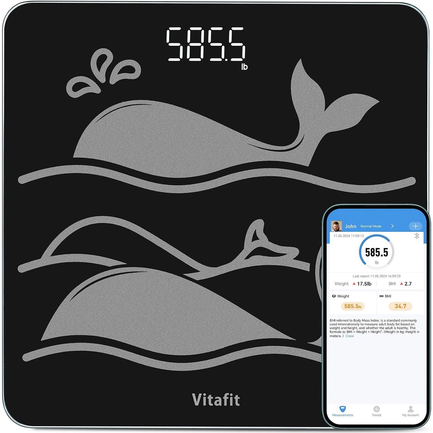 Vitafit Digital Bathroom Scale 400 lb Capacity 0.1 lb Accuracy Step-On LED Display Spray Silver Black
