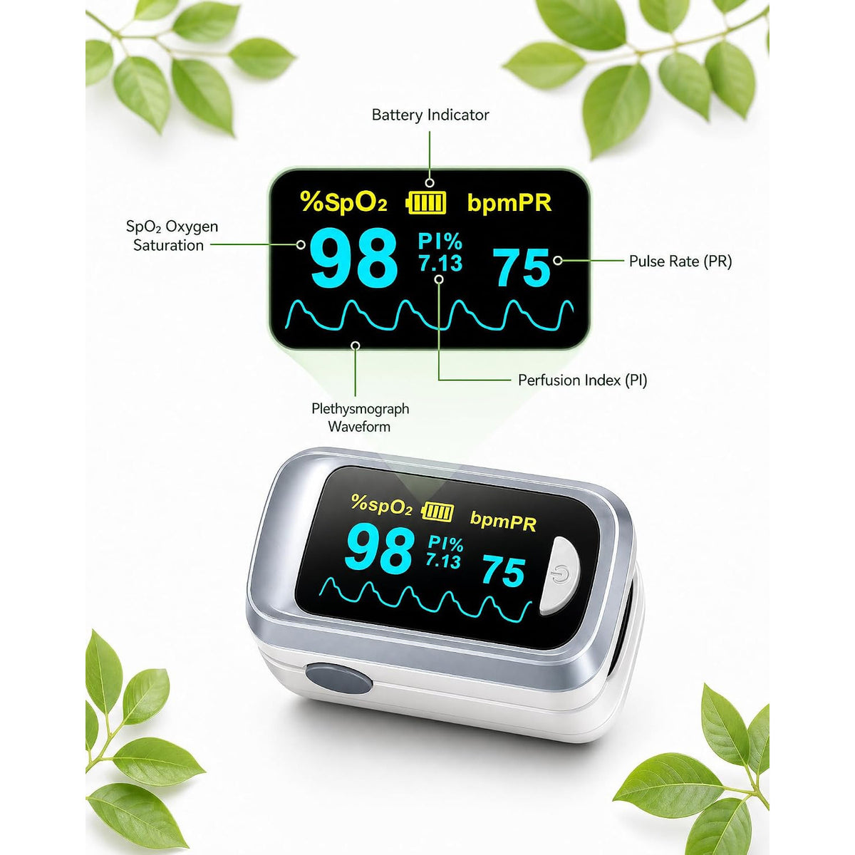 Healthtree JKS50B Fingertip Pulse Oximeter Blood Oxygen Saturation Monitor Heart Rate Fast SpO2 Reading OLED Screen with Lanyard and Batteries