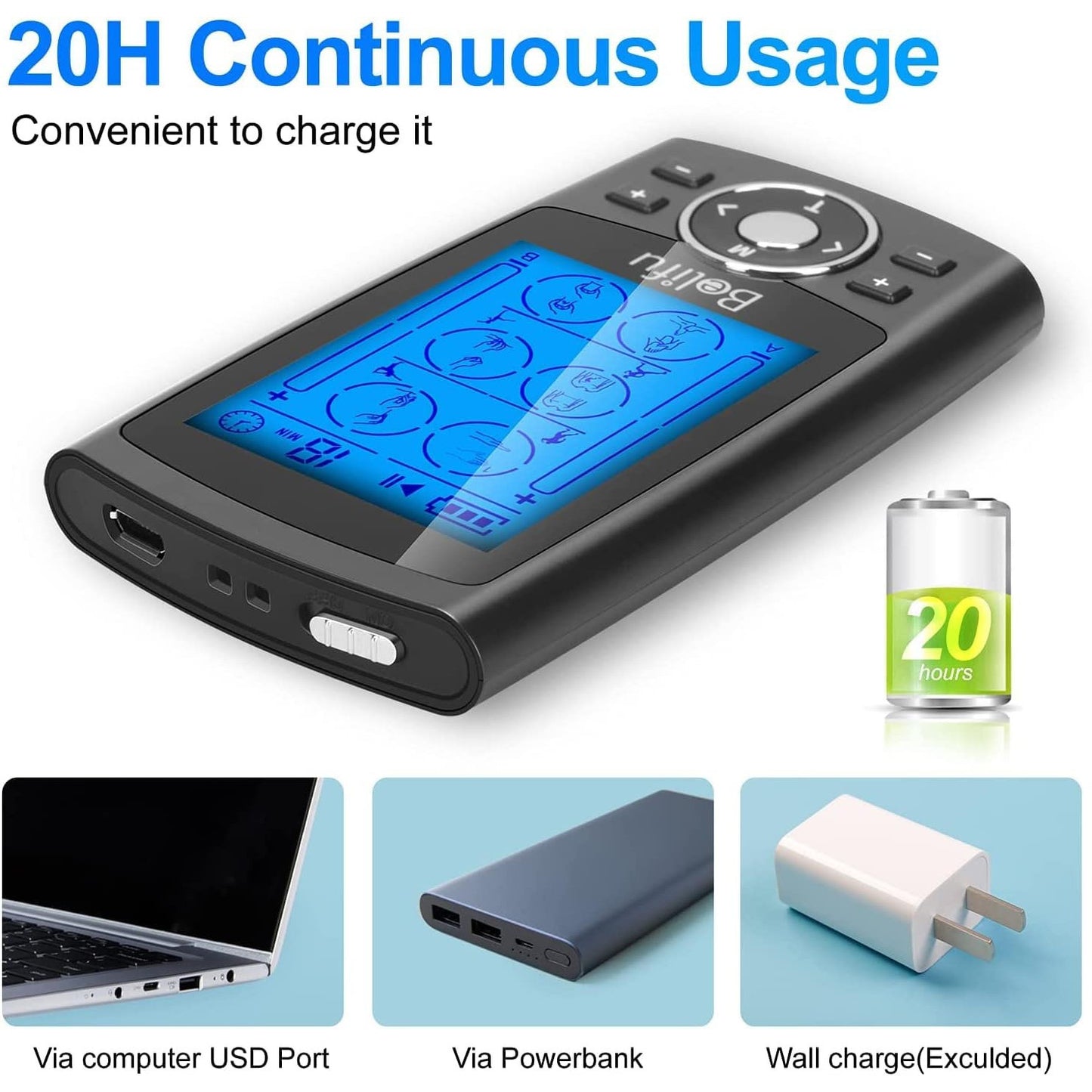Belifu Dual Channel TENS EMS Unit 24 Modes Muscle Stimulator Pain Relief Therapy 10 Pads Storage Bag