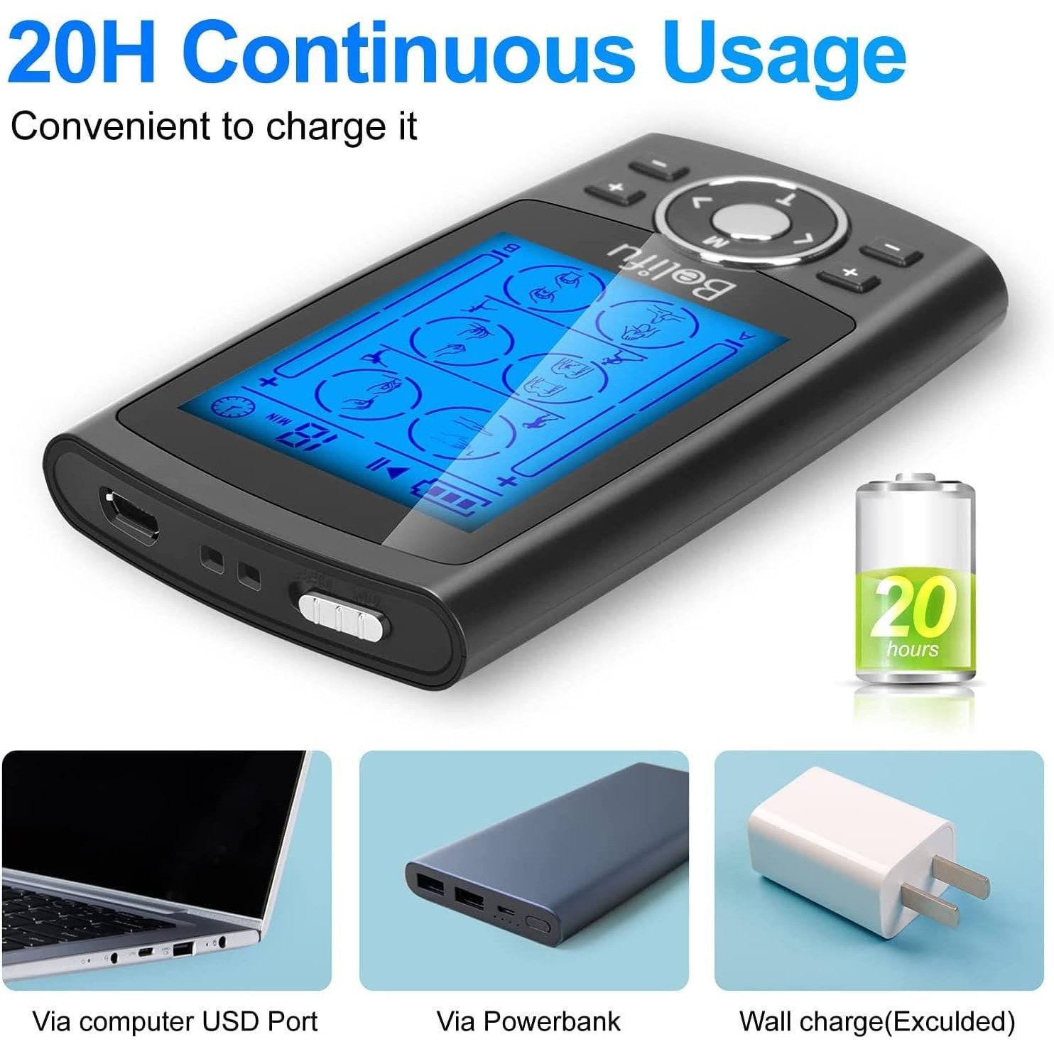Belifu Dual Channel TENS EMS Unit 24 Modes Muscle Stimulator Pain Relief Therapy 10 Pads Storage Bag