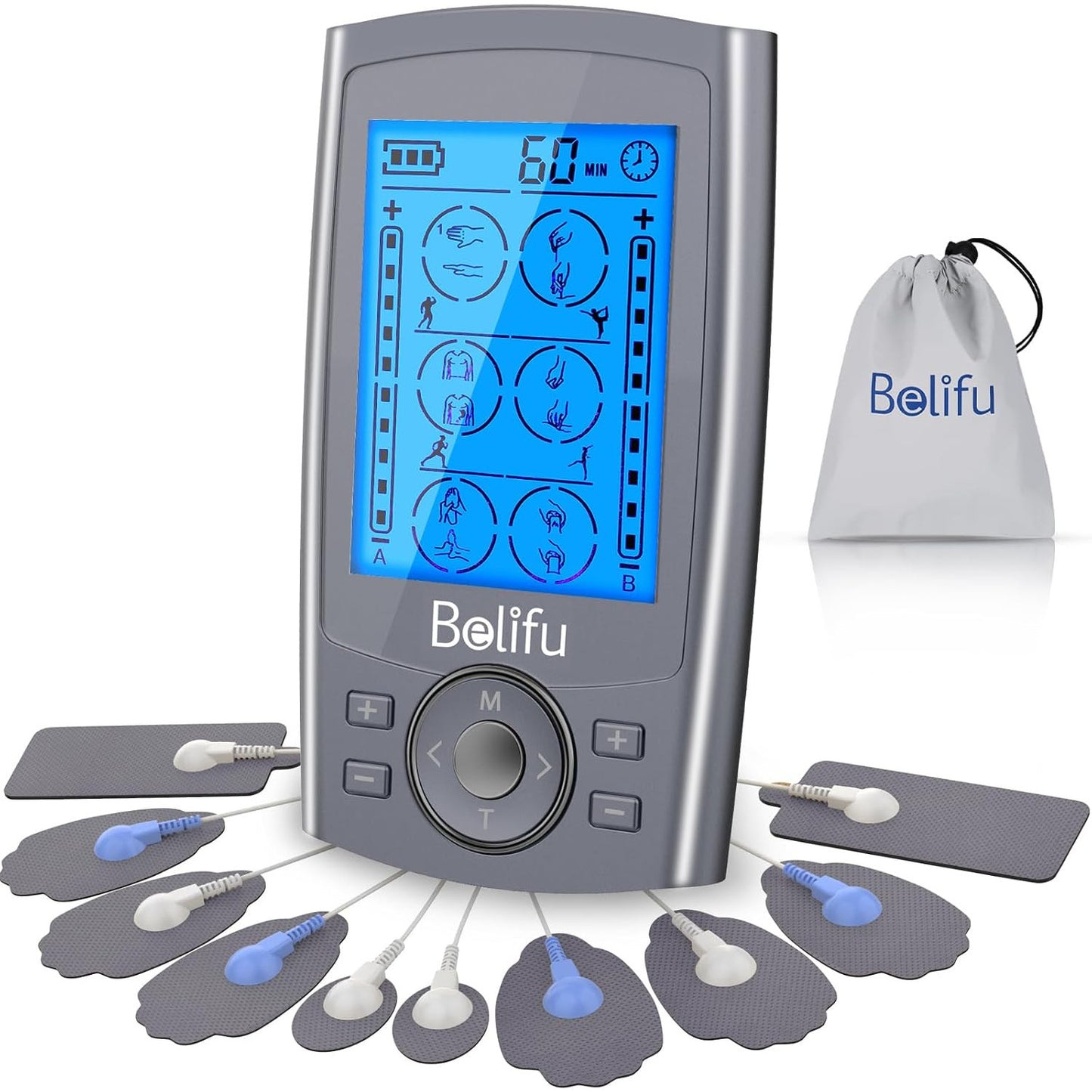 Belifu Dual Channel TENS EMS Unit 24 Modes Muscle Stimulator Pain Relief Therapy 10 Pads Storage Bag