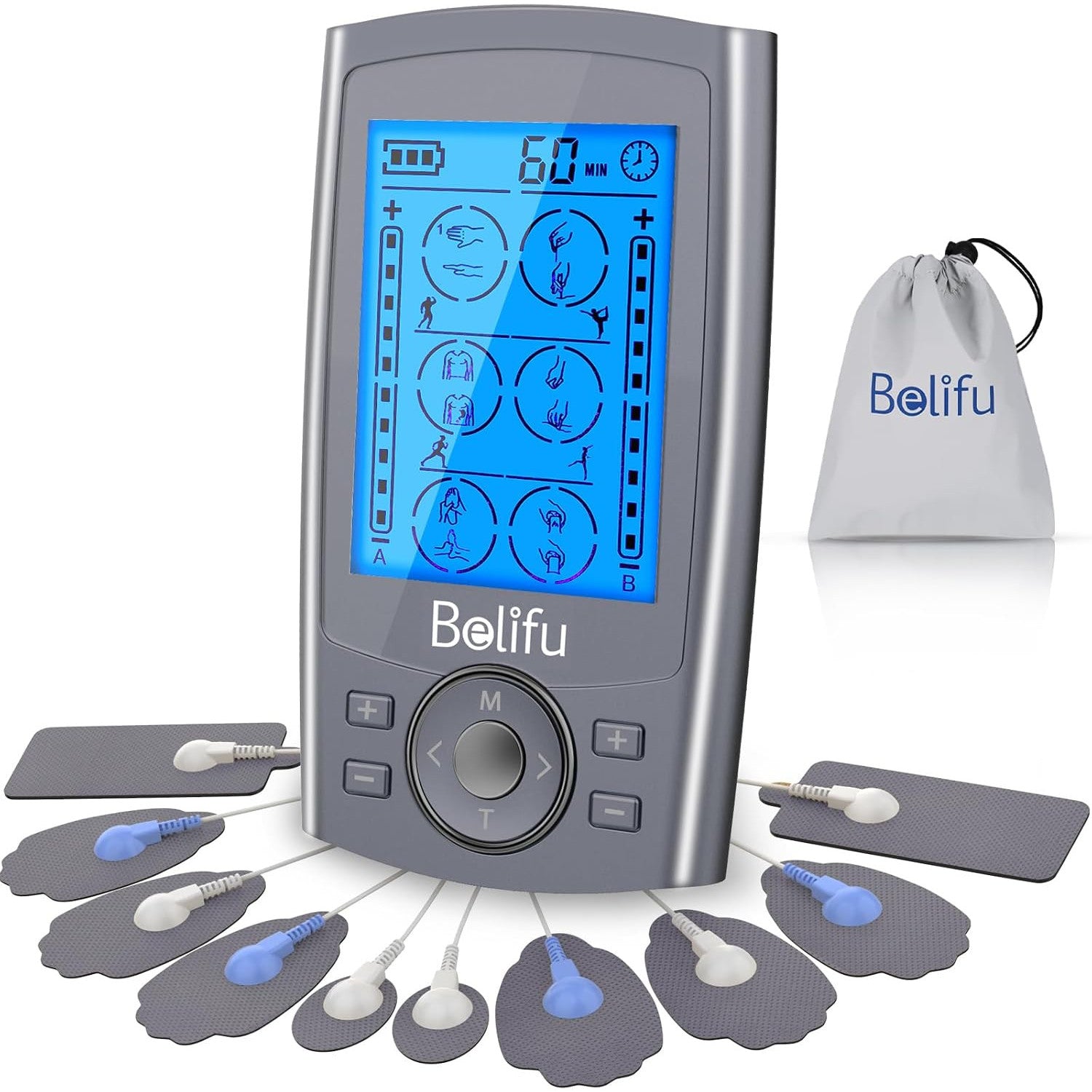 Belifu Dual Channel TENS EMS Unit 24 Modes Muscle Stimulator Pain Relief Therapy 10 Pads Storage Bag