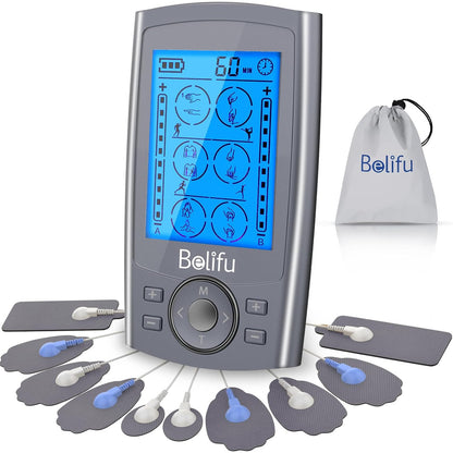 Belifu Dual Channel TENS EMS Unit 24 Modes Muscle Stimulator Pain Relief Therapy 10 Pads Storage Bag