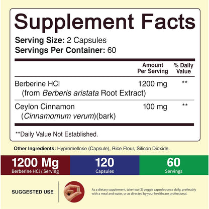 NutriFlair Berberine HCl 1200mg Plus Ceylon Cinnamon 120 Capsules