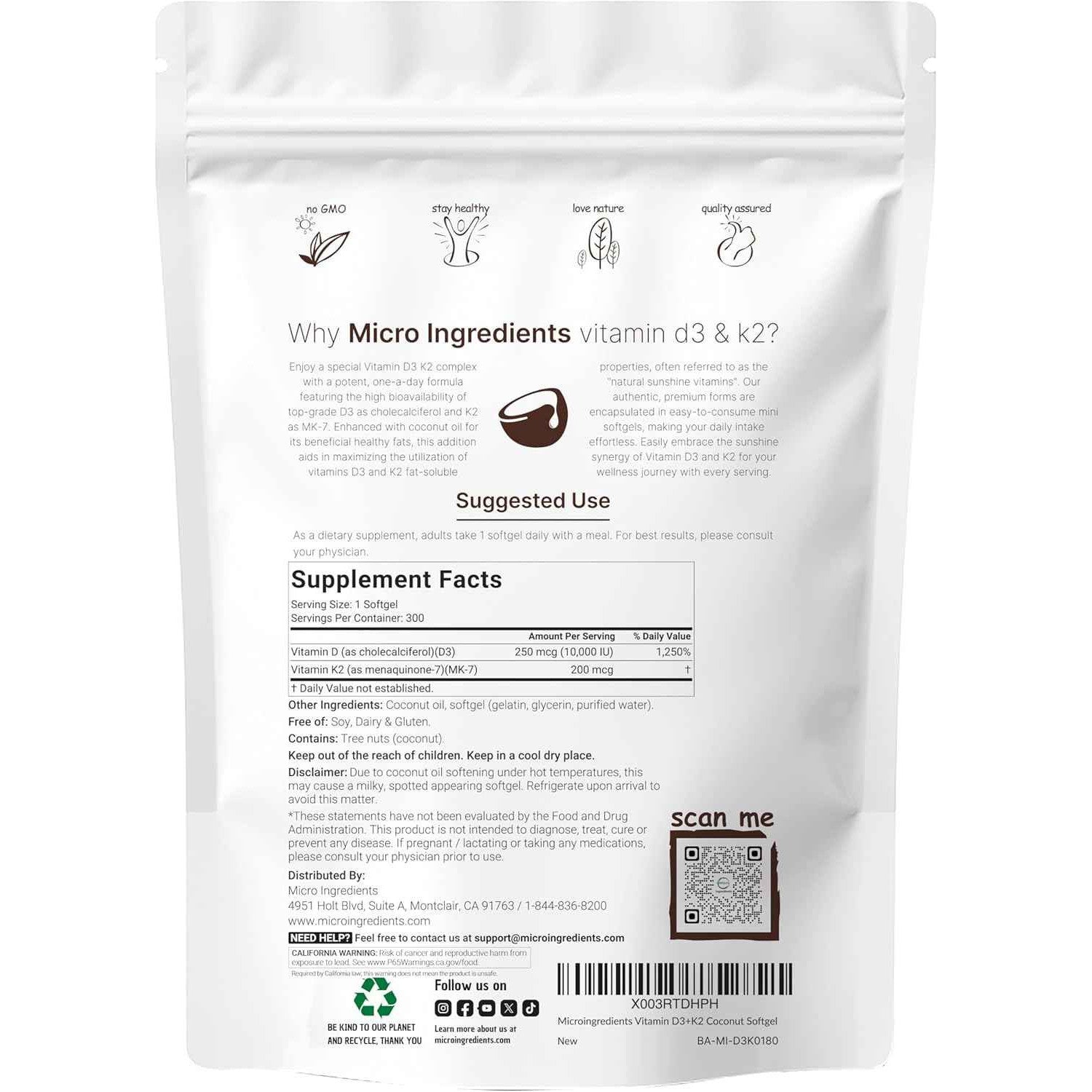 Micro Ingredients Vitamin D3 10,000 IU K2 MK-7 200 mcg Softgel Supplement 300 Count