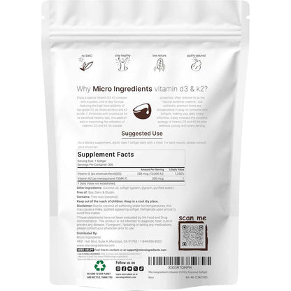 Micro Ingredients Vitamin D3 10,000 IU K2 MK-7 200 mcg Softgel Supplement 300 Count