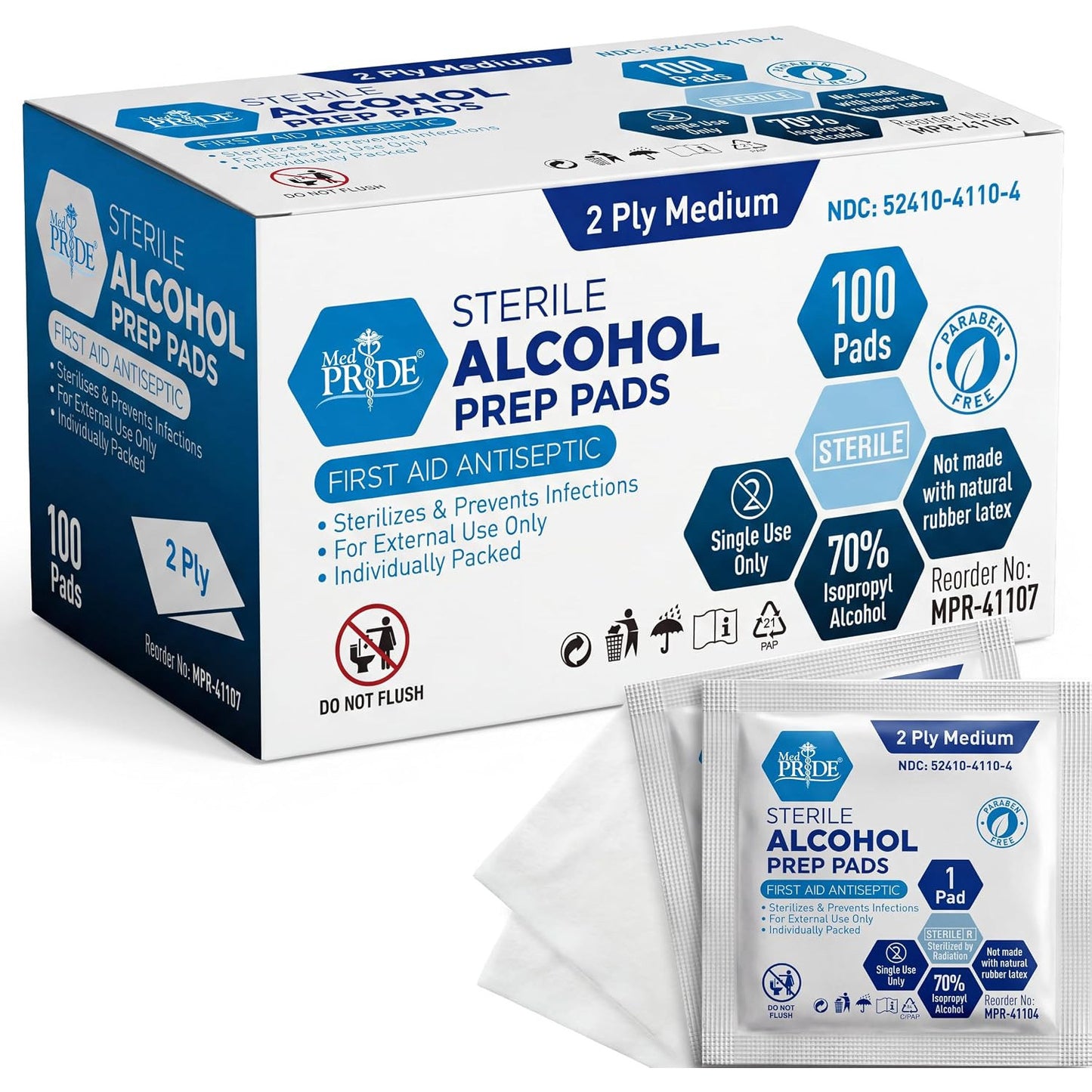 MED PRIDE Sterile Alcohol Prep Pads Medical Grade 2-Ply 100 Count